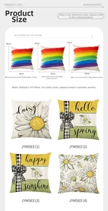 Size guide for daisy print cushion covers in three sizes with filling weight details