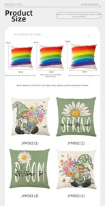 Size guide for spring floral pillow covers showing 40cm, 45cm and 50cm dimensions with inserts