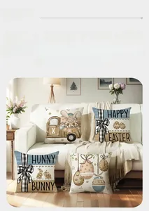 Détail de housses de coussin de Pâques avec motifs rustiques de lapin et camion