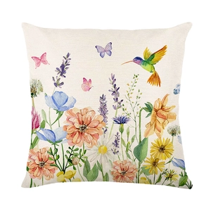 Federa quadrata effetto lino con stampa acquerello di fiori, uccelli e farfalle decorative