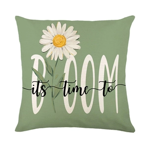 Sage green square pillowcase with white daisy flower and bloom text on white background