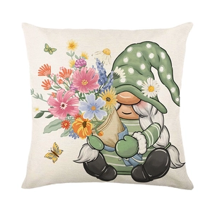 Floral gnome printed pillow cover on textured polyester fabric for spring home decor