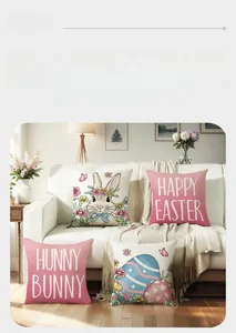 Detail of pink Easter bunny and egg print pillow covers in a cozy living room setting