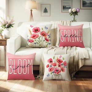 Fodera per Cuscino Floreale Rosa Primaverile in Lino Decorativa Quadrata con Stampa di Fiori e Lettere per Divano Soggiorno Decorazioni Casa