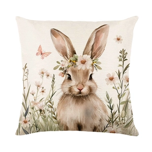 Funda de cojín de Pascua con conejo en acuarela y corona de flores en tejido de poliéster