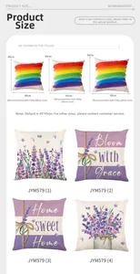 Size chart for lavender cushion covers showing 40x40cm, 45x45cm and 50x50cm dimensions