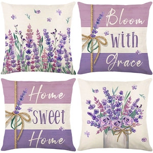 Housse de Coussin Nordique Imprimé Floral Lavande Polyester Aquarelle Fleur Taie d'Oreiller Décorative Pour Salon Canapé Décoration de Maison