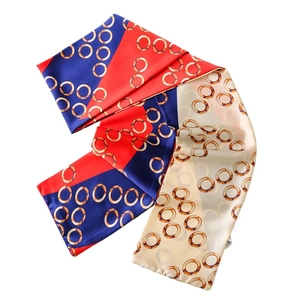Silk-like color block long scarf with gold ring geometric patterns in red and navy