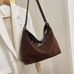 Large dark brown suede hobo bag for women with adjustable metal buckle and strap