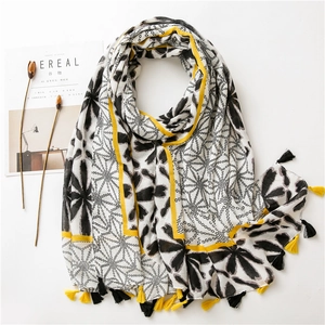 Women Long Scarf Polyester Floral Dot Print Sun Protection Tassel Shawl Wrap Cotton Linen Feel