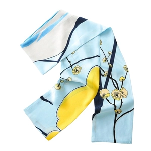 Écharpe étroite en soie bleu clair avec motifs de fleurs de prunier pour femmes