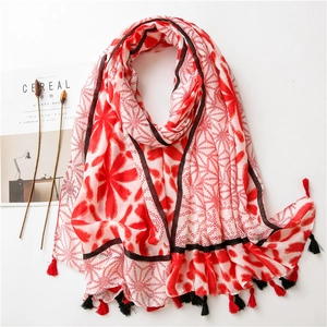 Floral print cotton scarf with black and red tassels and polka dot pattern for women