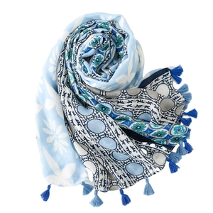 Three-tone cotton-linen scarf with bohemian floral patterns and blue fringe tassels