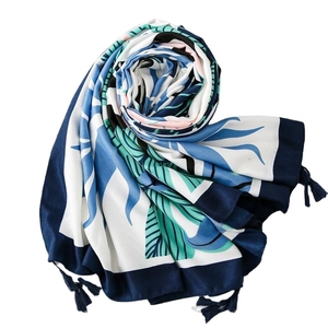 Tropical leaf print beach shawl scarf with blue tassels and silky texture