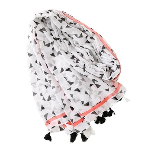 Women's lightweight white scarf with black geometric triangles and orange piped edges