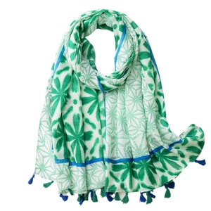 Lightweight cotton-linen scarf with green floral dots and blue fringe tassels for women