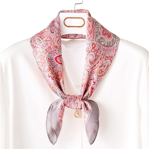 Retro paisley silk neck scarf for women with heart pearl pendant on white shirt