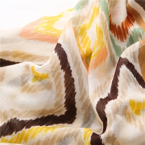 Detail showing bohemian kaleidoscope print texture and drape of the cotton linen shawl