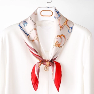 Vintage chain print silk square scarf with horsebit patterns and pearl pendant detail