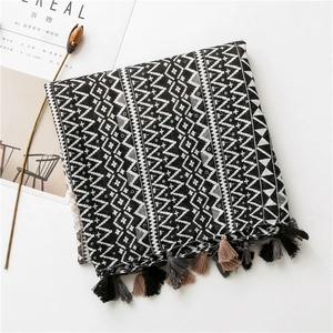 Detailed view of bohemian geometric pattern scarf with multicolor fringe tassels