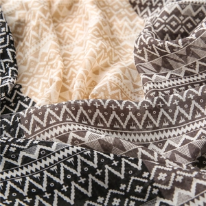 Close-up of blue geometric diamond pattern on breathable cotton linen sun protection shawl