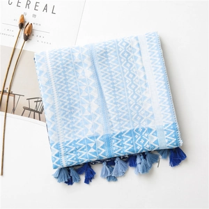 Detailed view of blue geometric knit shawl with textured patterns and thick fringe tassels