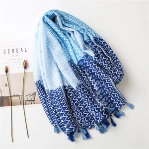 Blue geometric print sunscreen shawl with tassels and bohemian scarf for women