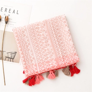 Detail view of ethnic geometric pattern scarf with colorful handmade tassel ornaments