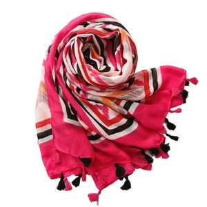 Bohemian kaleidoscope pattern cotton scarf with fringe tassels in magenta and orange