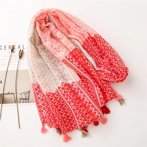 Detail view of colorful geometric scarf with tassel edge and soft linen texture