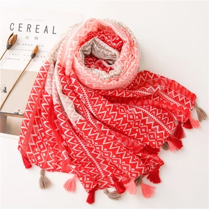 Close-up of geometric pattern scarf with colorful tassels and soft fabric texture