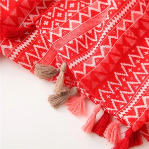 Detail view of ethnic blue silk scarf showing intricate geometric patterns and fringes