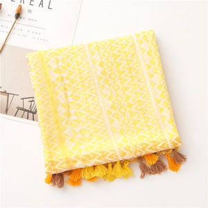 Detail of yellow geometric print scarf featuring soft cotton fabric and dual-tone tassels