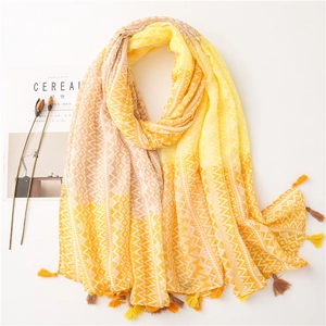 Detail of summer sunscreen shawl featuring yellow geometric patterns and colorful tassels