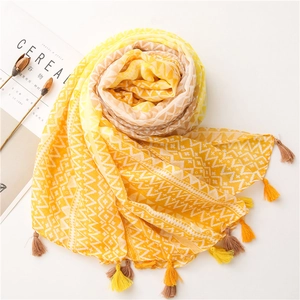 Detail of yellow geometric wave scarf featuring dual-color tassel charms and cotton fabric