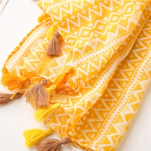 Detail of yellow geometric wave print scarf featuring decorative soft cotton fringe edges