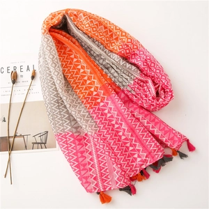 Detail of tricolor gradient linen scarf with ethnic geometric patterns and tassel edges