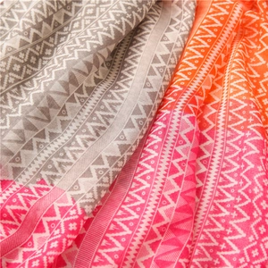 Detailed close-up of geometric pattern and soft woven texture of a color-block shawl