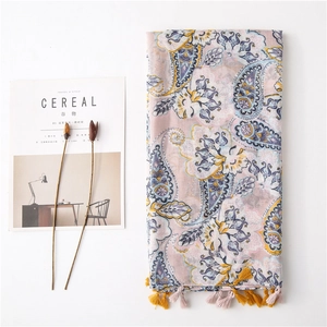 Pink paisley print cotton-linen shawl with tassels and vintage floral patterns