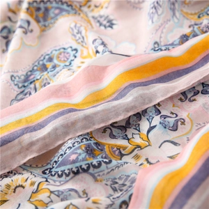Detail shot of soft paisley printed shawl showing delicate translucent fabric and texture