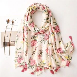 Women Vintage Floral Print Scarf Shawl Polyester Cotton Linen Feel Tassel Sun Protection Beach Cover Up Lightweight