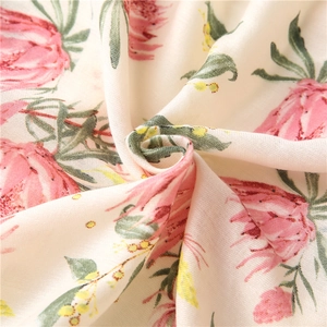 Spring floral scarf with retro pink flowers and soft cotton feel on creamy fabric