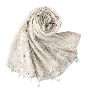 Écharpe en coton et lin beige avec imprimé serpent argenté et bordures à pompons