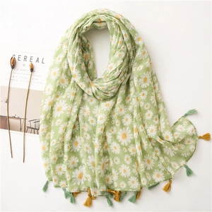Écharpe à Imprimé Marguerite pour Femmes Châle en Polyester Léger Avec Franges à Glands pour Voyage Plage Décoration Vert Noir