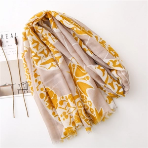 Vintage floral linen cotton blend scarf in beige and yellow with fringe for women