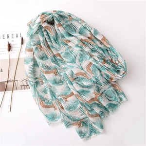 Tropical palm leaf and leopard print cotton linen shawl scarf for women beach wrap