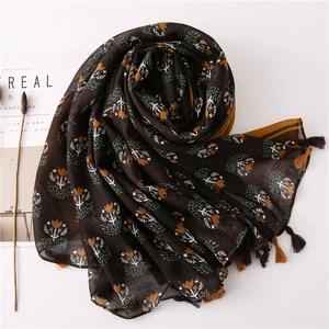 Retro bohemian brown floral linen scarf with tassels and artistic botanical patterns