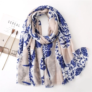 Vintage cotton linen scarf with ethnic floral print and fringe edges in cream and navy