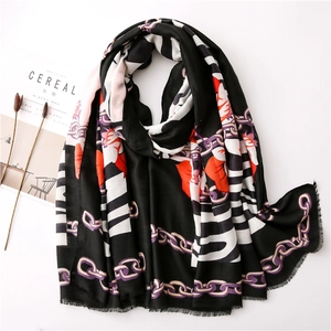 Women Long Polyester Satin Scarf Mixed Zebra Floral Chain Print Shawl Lightweight Soft Wrap