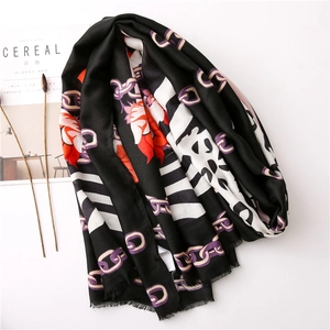 Zebra chain and floral print lightweight long scarf wrap for women in a flat lay style